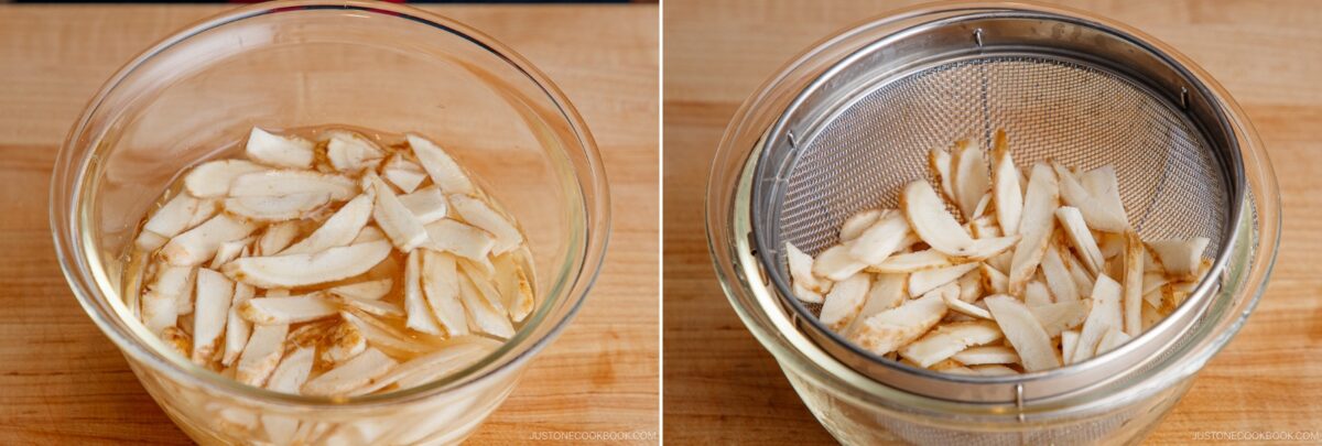 Left: Thinly sliced burdock root soaking in a glass bowl of water. Right: Prepped for Beef and Gobo Stir Fry, the burdock root slices are drained in a metal strainer over a glass bowl on a wooden surface.