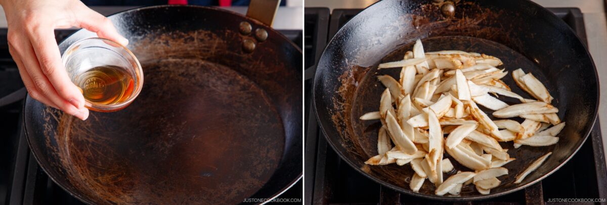 A hand pours liquid from a small glass bowl into a skillet; next to it, sliced vegetables for Beef and Gobo Stir Fry cook together on the stovetop.