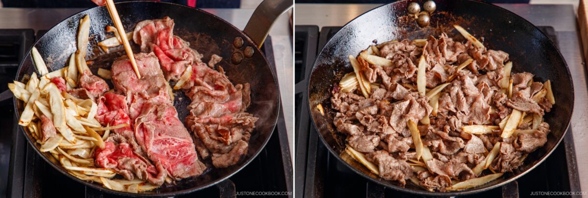 Two side-by-side images show Beef and Gobo Stir Fry in progress: the left features raw, thinly sliced beef and burdock root, while the right displays them fully cooked and browned in a sizzling wok.