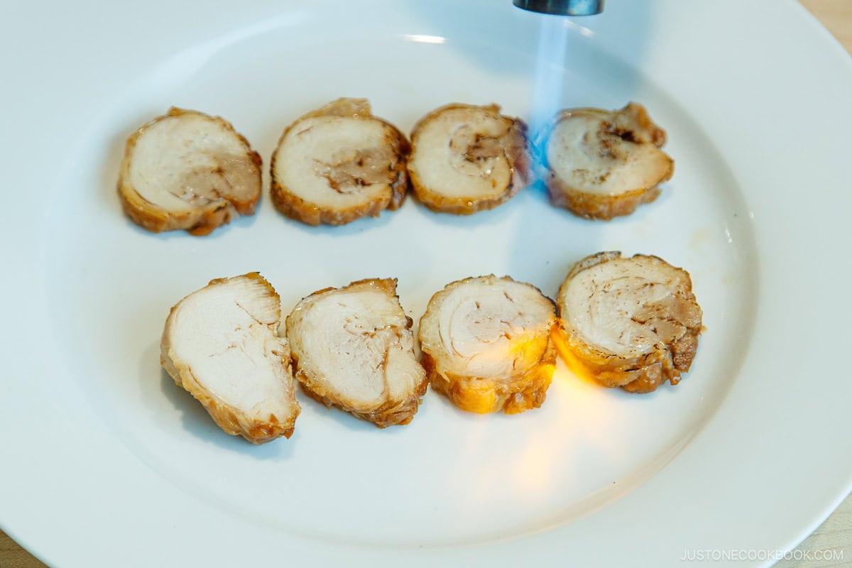 Sear the chicken chashu.