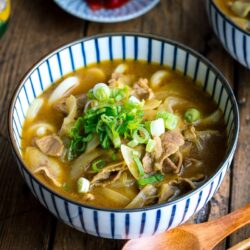Curry udon in a Japanese bowl.