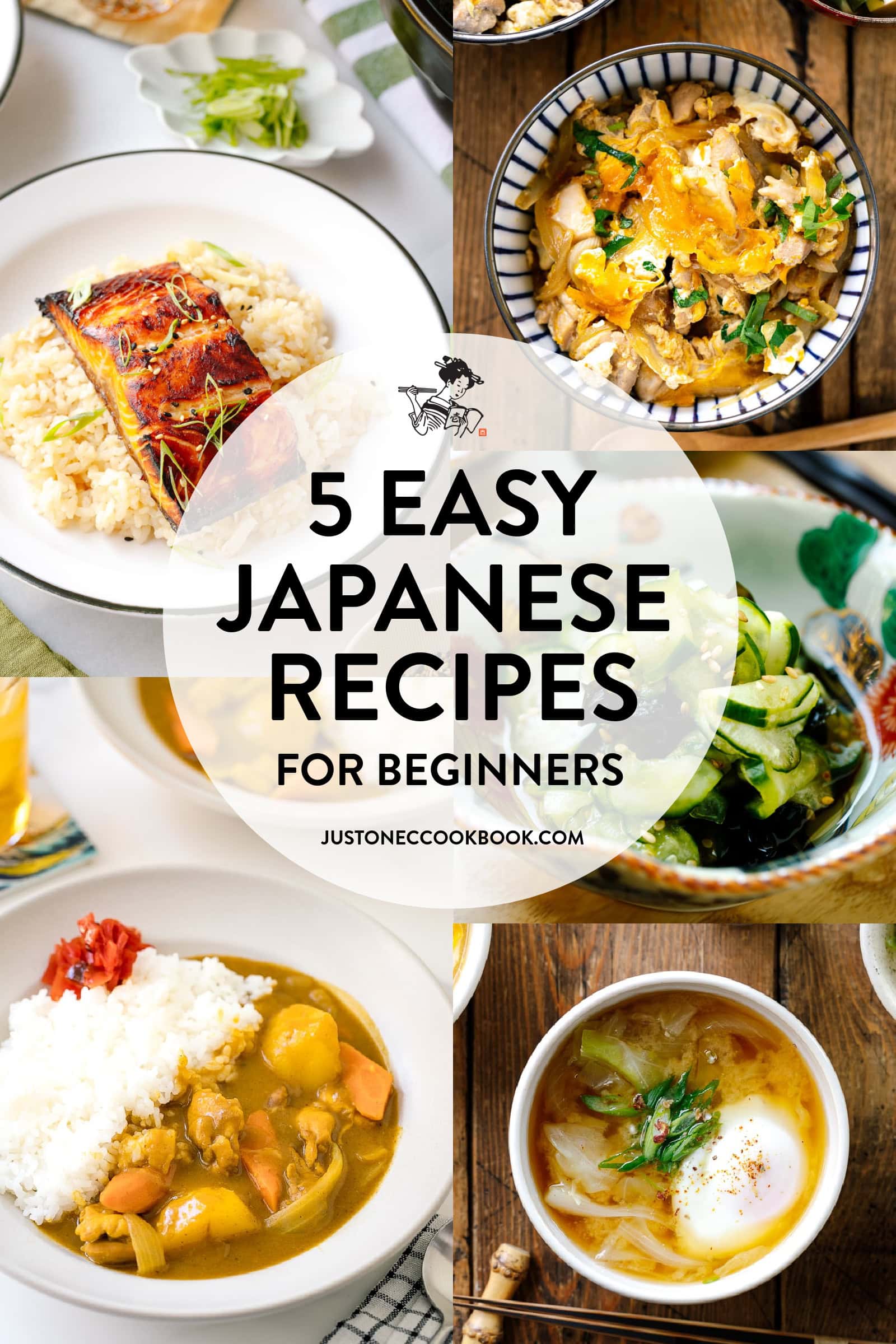 a collage of easy Japanese recipes, including miso salmon, oyakodon, sunomono, curry rice, and miso soup