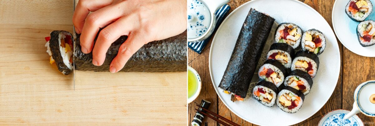 Close-up of hands slicing an ehomaki sushi roll on a wooden board (left), and neatly arranged sliced sushi rolls on a white plate with side dishes and chopsticks on a wooden table (right).