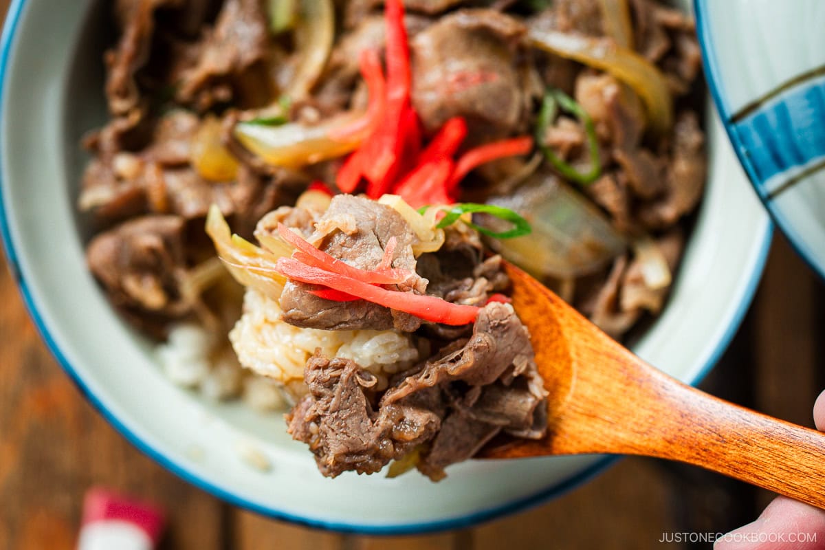 A donburi rice bowl containing gyudon, simmered beef and onions over steamed rice.