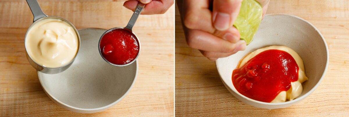 Two-panel image: On the left, a hand pours mayonnaise and ketchup into a bowl. On the right, another hand squeezes a lime over the mixture—an easy step in this homemade spicy mayo recipe, shown on a wooden surface.
