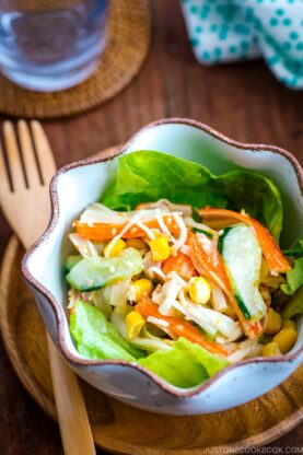 Japanese kani salad served in a bowl.