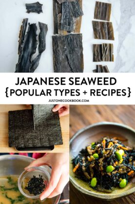 a collage of different types of Japanese seaweed, including wakame, kombu, hijiki, and nori