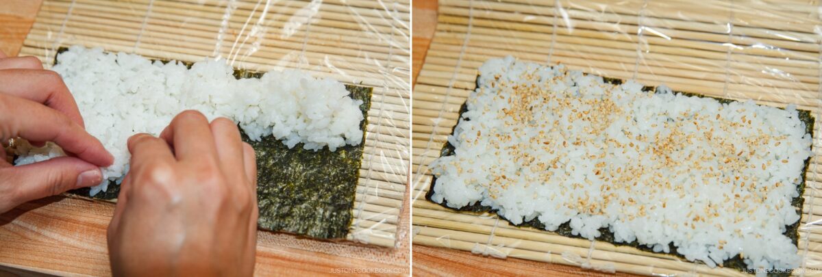 Two side-by-side images show sushi being prepared: on the left, hands spread rice for a spicy tuna roll on a seaweed sheet; on the right, rice covers the seaweed and is sprinkled with sesame seeds, both resting on bamboo mats.
