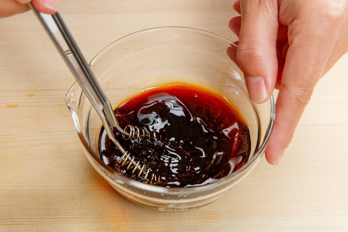 Mixing the teriyaki sauce ingredients.