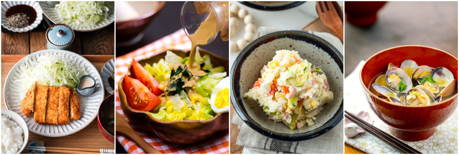 A collage of four Japanese dishes: breaded pork cutlet with shredded cabbage, salad with dressing being poured, potato salad with vegetables, and a bowl of clam soup.
